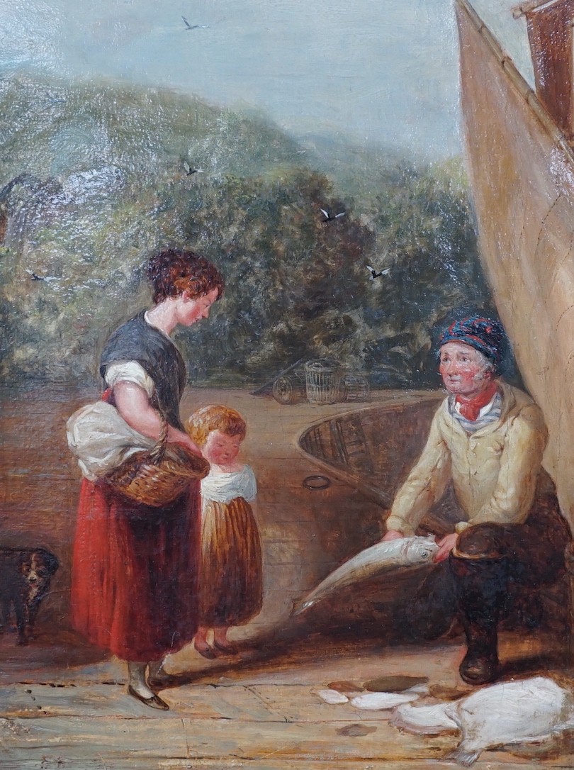 Attributed to Nicholas Condy (1793-1857), oil on canvas, 'Mother and child buying fish from the boat', 24 x 19cm